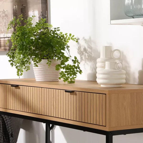 Console 2 Tiroirs Façade Effet Bois Rainuré L100 x H80 cm - TARA