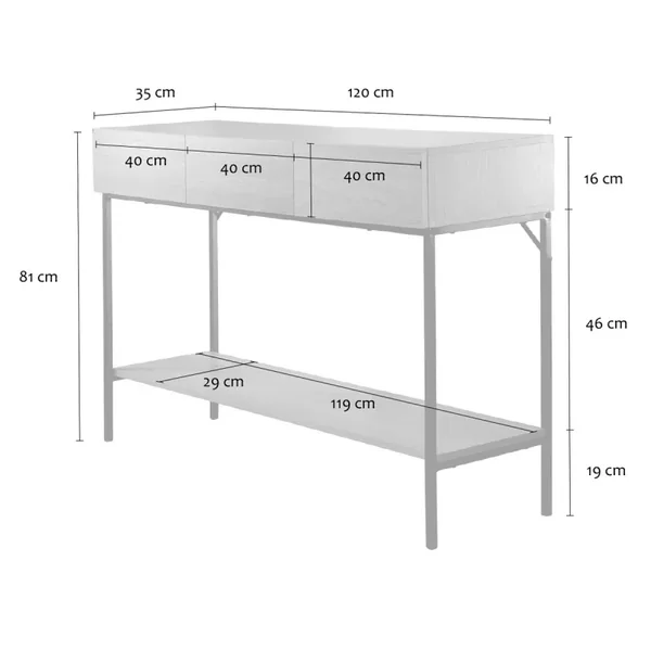 Console 3 tiroirs avec 1 tablette décor bois et métal L120 cm TESSA
