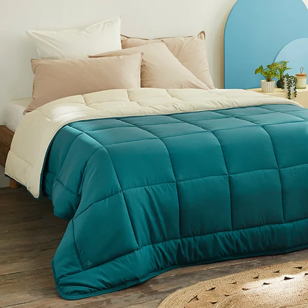 Couette hiver 200x200 cm COCOON BICOLORE Bleu paon/Galet garnissage fibre polyester 400 g/m2