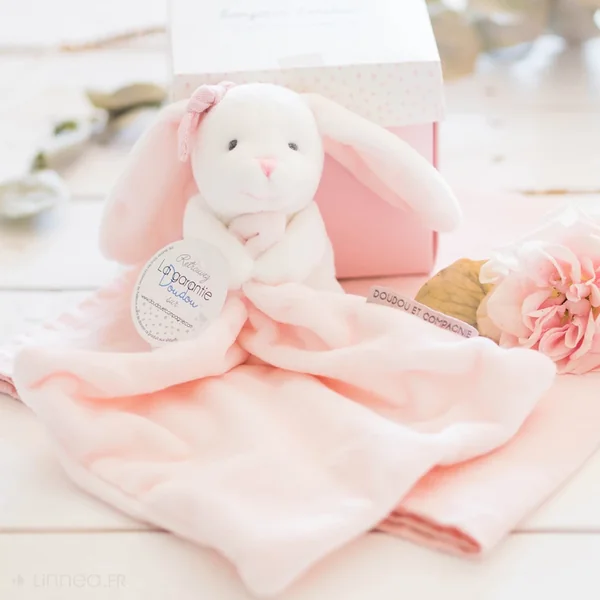 Doudou lapin 10 cm polyester J'AIME MON DOUDOU rose et blanc