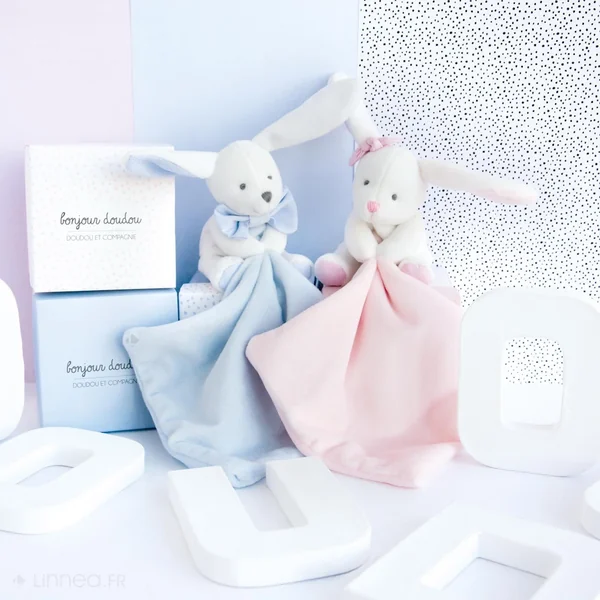 Doudou lapin 10 cm polyester J'AIME MON DOUDOU rose et blanc