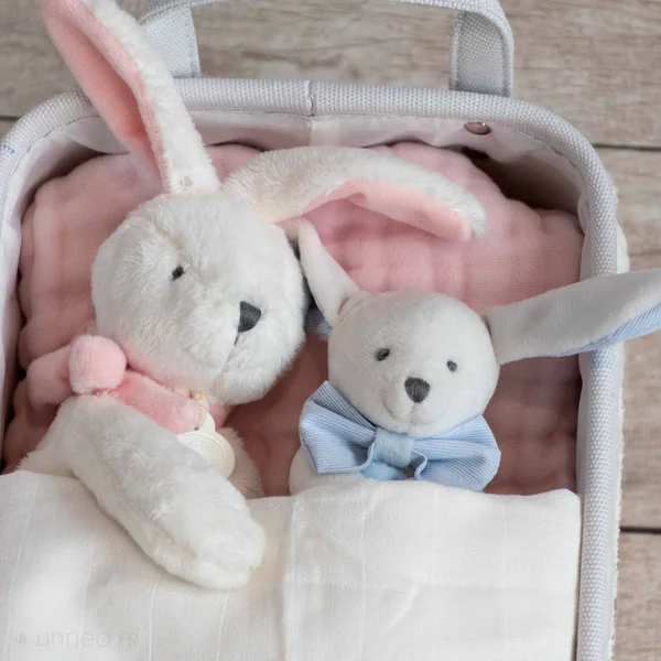 Doudou lapin 10 cm polyester J'AIME MON DOUDOU rose et blanc