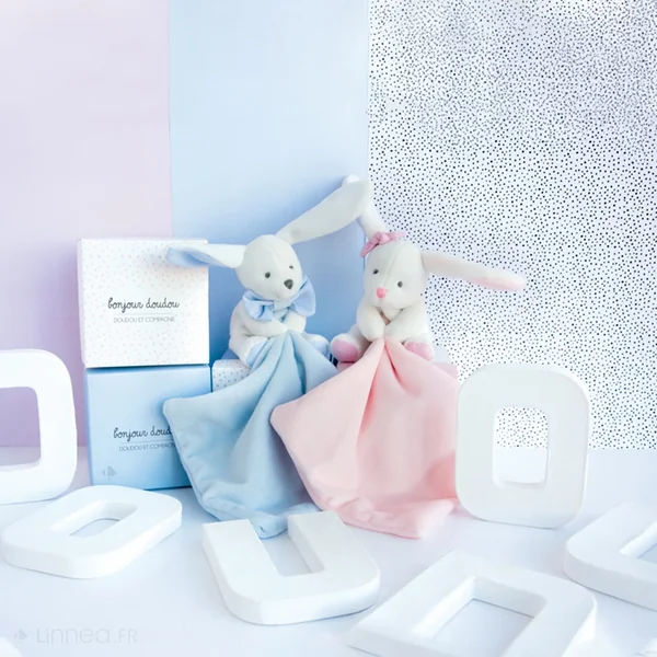 Doudou lapin 10 cm polyester J'AIME MON DOUDOU rose et blanc