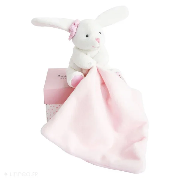 Doudou lapin 10 cm polyester J'AIME MON DOUDOU rose et blanc