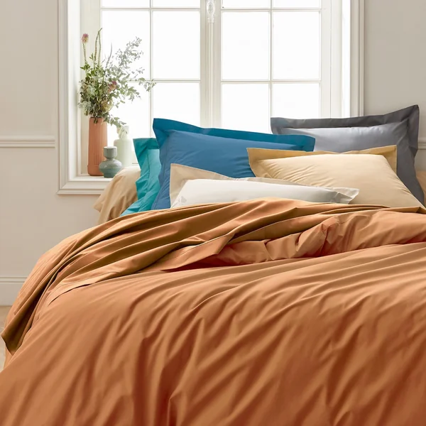 Drap housse 200x200 cm bonnet 40 cm percale de coton PASSION PERCALE marron Cognac