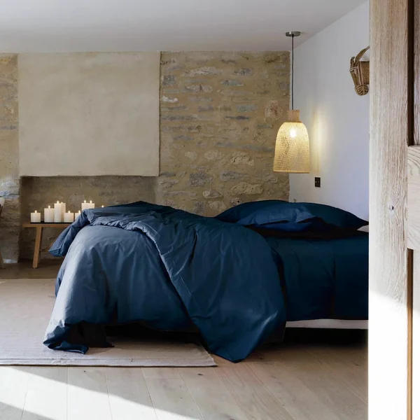 Drap housse uni 120x190 cm bonnet 35 cm percale de coton MANOIR bleu Marine