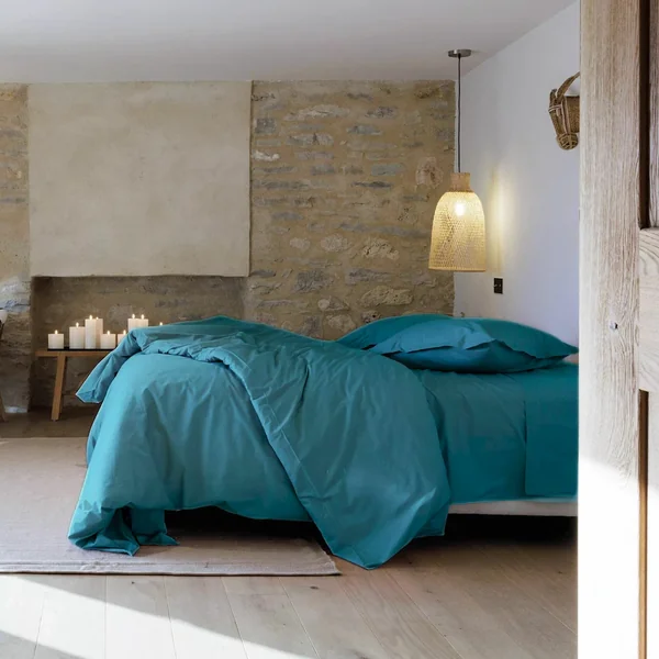 Drap housse uni 90x200 cm bonnet 35 cm percale de coton MANOIR bleu Lagon