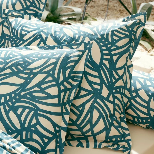 Drap plat 240x310 cm 100% coton lavé SÉRÉNA géométrique Bleu beige