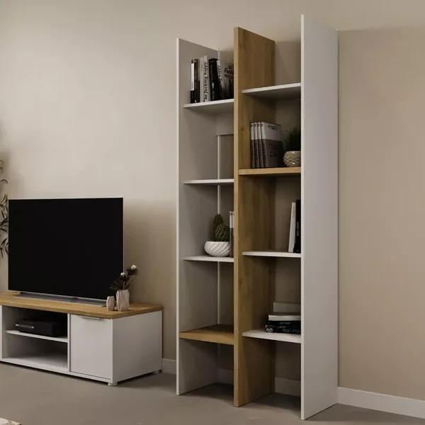 Etagère déco 6 rayons et 8 niches décor chêne et blanc mat - ACCESS