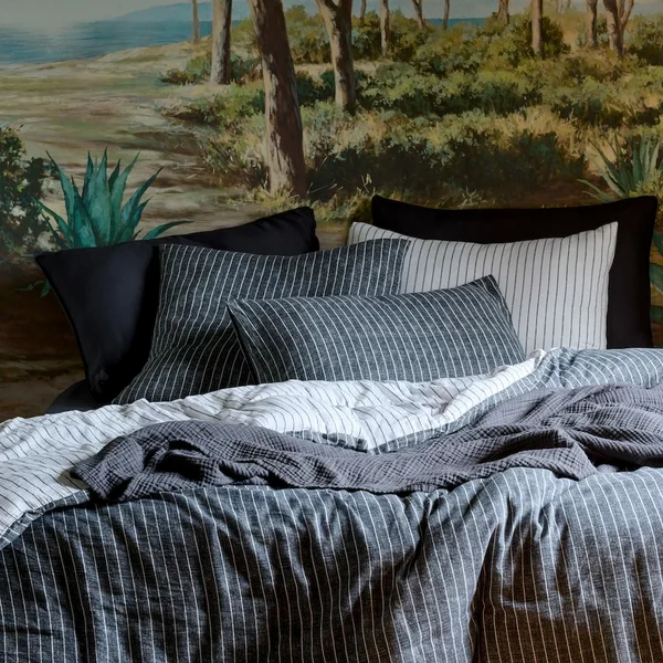 Housse de couette mousseline de coton 240x220 cm LANA à rayures neige et caviar
