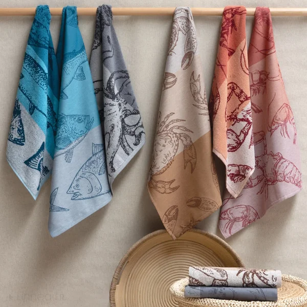 Lot de 2 torchons de cuisine 50x70 cm 100% coton ATLANTIC motif crabe beige
