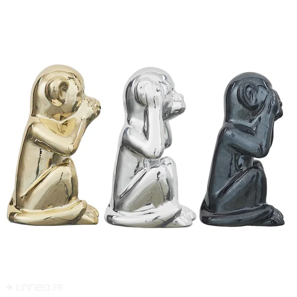 Lot de 3 statues singes collection MONKEY noir doré et argent