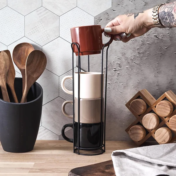Lot de 4 mugs unis en céramique avec support 22 cl collection HORTENSE