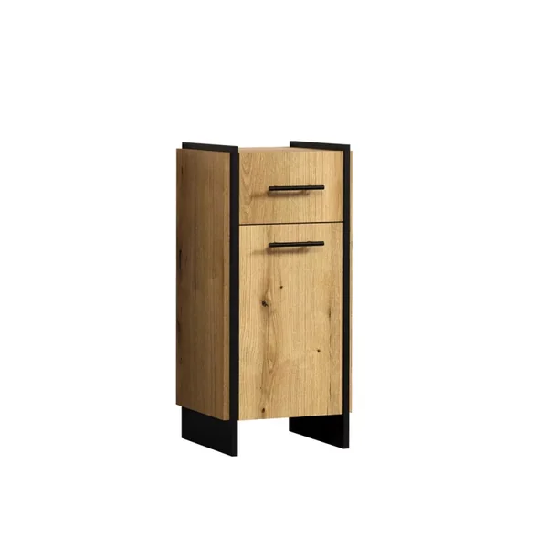 Meuble bas salle de bain 1 porte décor chêne et noir H79 cm - ELLIE
