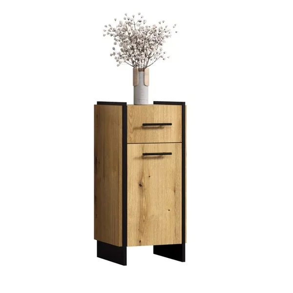 Meuble bas salle de bain 1 porte décor chêne et noir H79 cm - ELLIE