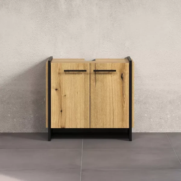 Meuble sous vasque 2 portes décor chêne et noir L60 cm - ELLIE