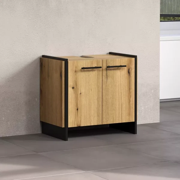 Meuble sous vasque 2 portes décor chêne et noir L60 cm - ELLIE