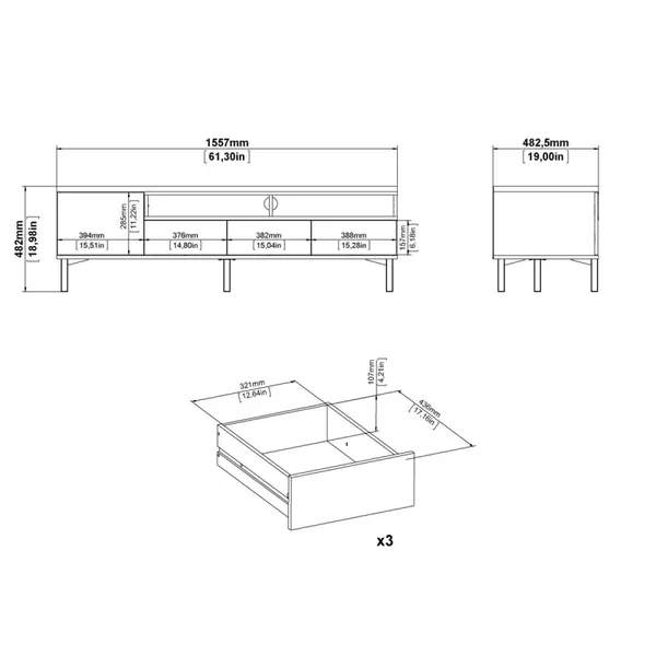 Meuble TV 1 porte, 3 tiroirs et 2 niches L156 cm - APRIL