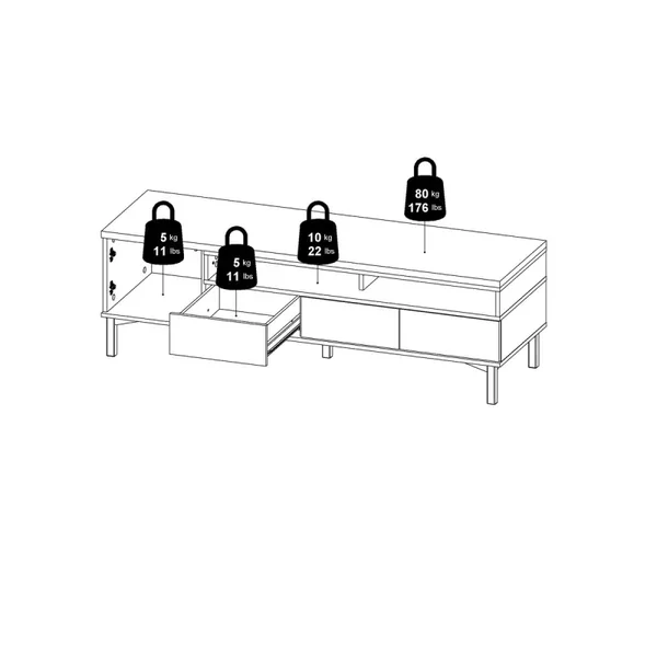 Meuble TV 1 porte, 3 tiroirs et 2 niches L156 cm - APRIL