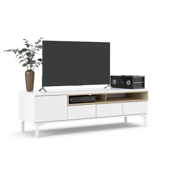 Meuble TV 1 porte, 3 tiroirs et 2 niches L156 cm - APRIL