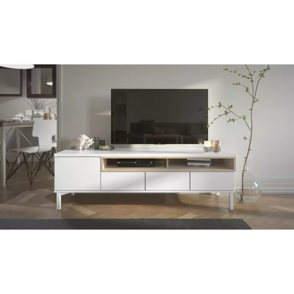 Meuble TV 1 porte, 3 tiroirs et 2 niches L156 cm - APRIL