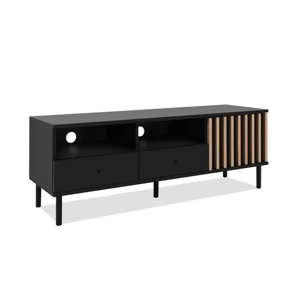 Meuble TV 1 Porte et 2 Tiroirs Noir et Bois L138 cm - MONZA