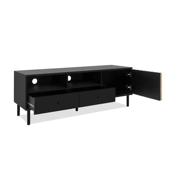 Meuble TV 1 Porte et 2 Tiroirs Noir et Bois L138 cm - MONZA