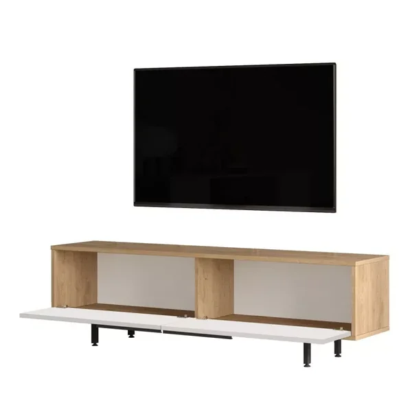 Meuble TV 2 abattants effet chêne et blanc L160 cm - NAYA