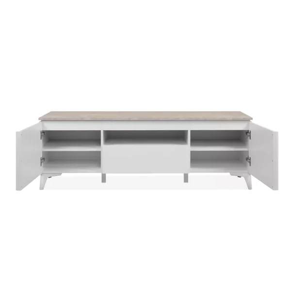 Meuble TV 2 portes, 1 tiroir et 1 niche décor travertin et blanc L150cm - BERTRIX