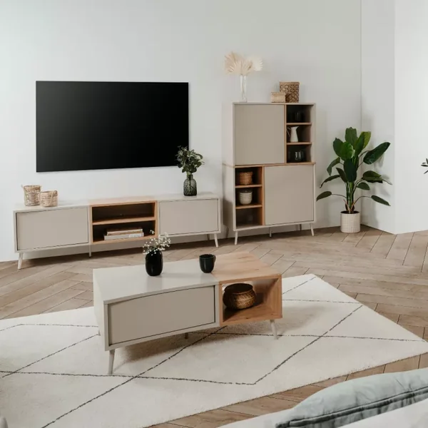 Meuble TV 2 portes décor sable et chêne L175 cm MYR