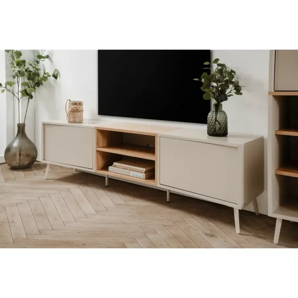 Meuble TV 2 portes décor sable et chêne L175 cm MYR