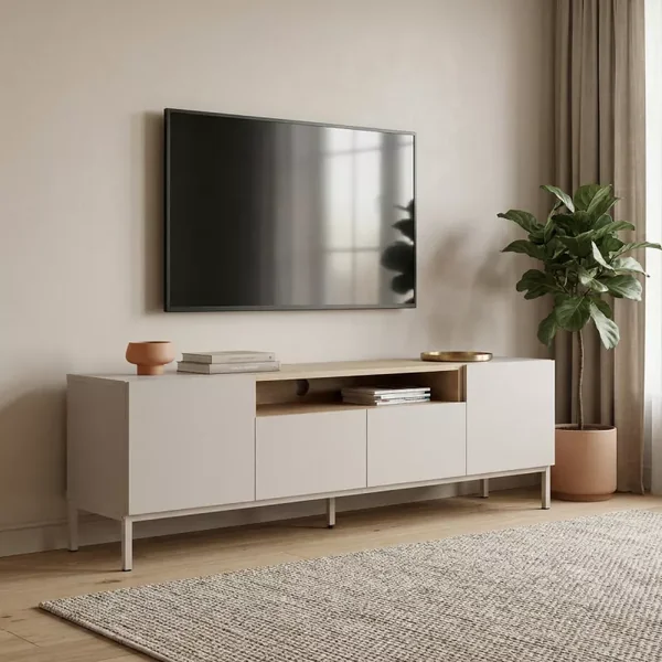 Meuble TV 4 portes 1 niche décor cachemire et bois L160 cm - OLIVER