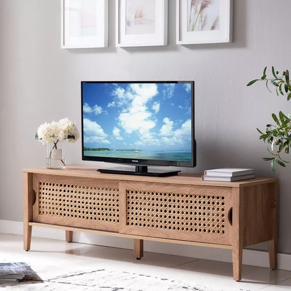 Meuble TV avec 2 Portes Coulissantes Décor Rotin - L138 cm