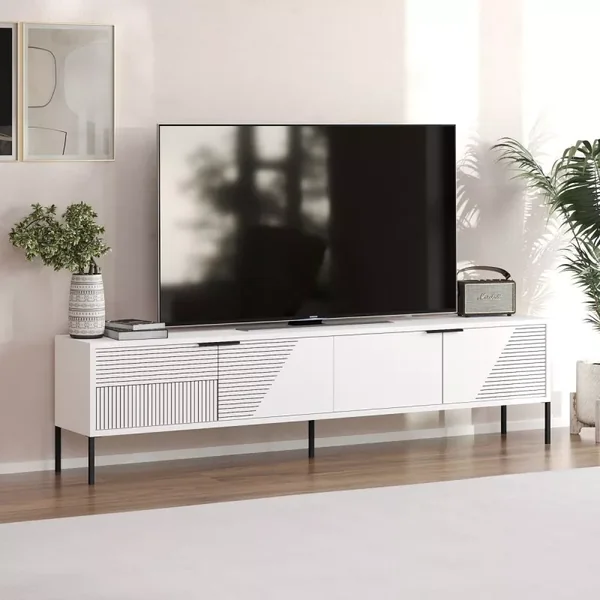 Meuble TV sur pieds 2 portes rabattables striées L180 cm - DORE