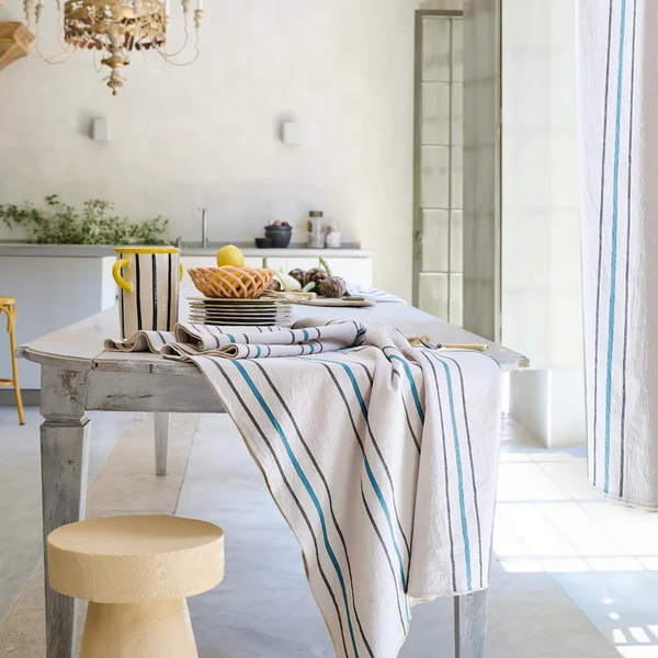 Nappe rectangle 160x250 cm HOSHI en coton fil teint à rayures bleu Lagon