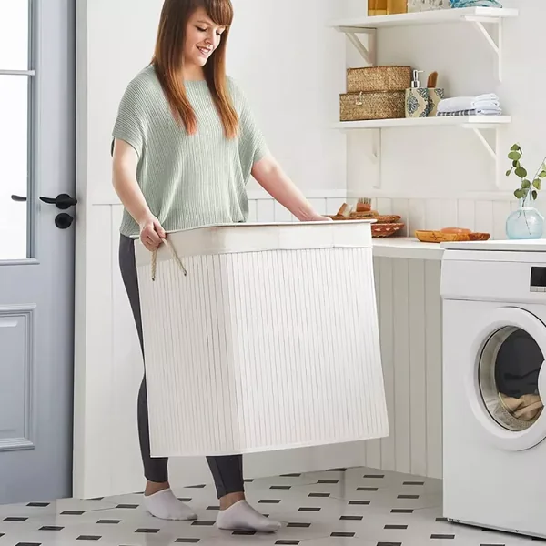 Panier à linge 3 compartiments avec sacs amovibles bambou et blanc