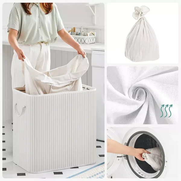 Panier à linge 3 compartiments avec sacs amovibles bambou et blanc