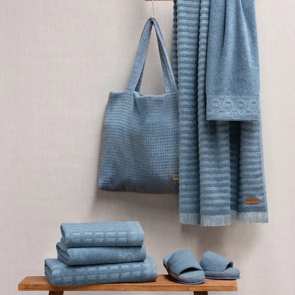 Parure de bain 5 pièces collection DENIM à bordure géométrique pur coton bleu