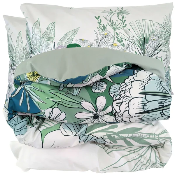 Parure de lit 200x200 cm 50x70 cm percale de coton BALI motif floral vert