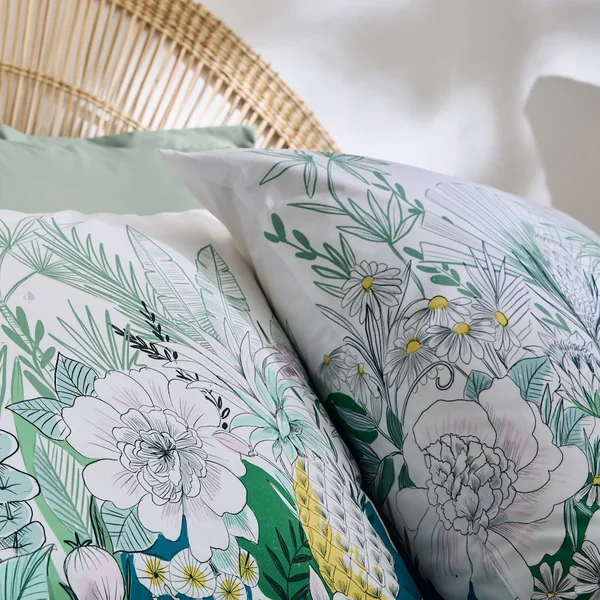 Parure de lit 200x200 cm 50x70 cm percale de coton BALI motif floral vert