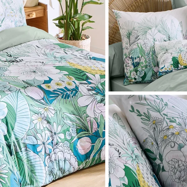 Parure de lit 200x200 cm 50x70 cm percale de coton BALI motif floral vert