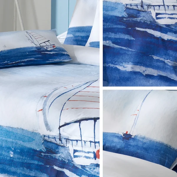 Parure de lit 200x200 cm 50x70 cm percale REGATE bleu 3 pièces