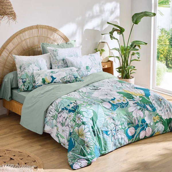 Parure de lit 200x200 cm 65x65 cm percale de coton BALI motif floral vert
