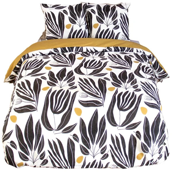 Parure de lit 240x220 cm en coton NOLIE motif feuillage blanc et jaune 3 pièces
