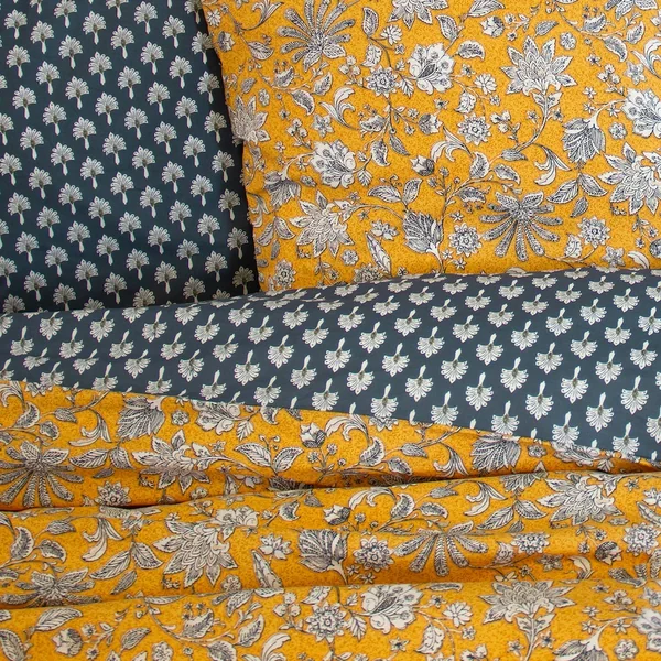 Parure de lit 240x220 cm pur coton ASCHWINI motif floral jaune 3 pièces