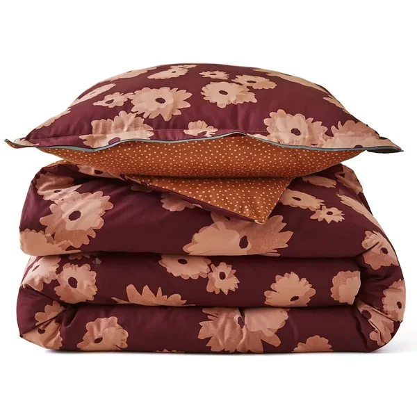 Parure de lit 2 pièces : housse 160x210 cm et taie 50x80 cm satin de coton COUP DE FOUDRE prune/caramel