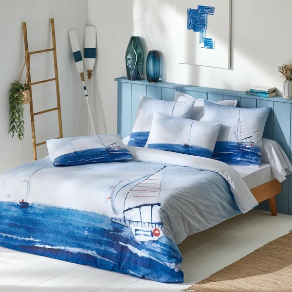 Parure de lit 300x240 cm 65x65 cm percale REGATE bleu 3 pièces