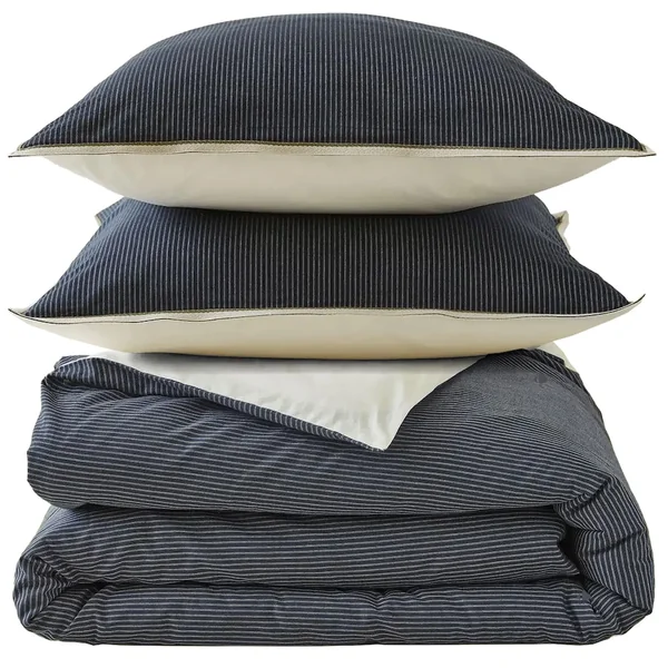 Parure de lit 3 pièces : housse 260x240 cm et taies 50x70 cm 100% coton BRIXTON à rayures noires