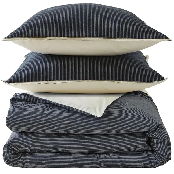 Parure de lit 3 pièces : housse 260x240 cm et taies 50x80 cm 100% coton BRIXTON à rayures noires