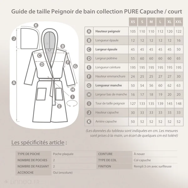 Peignoir à capuche adulte PURE coton M hauteur courte gris argent